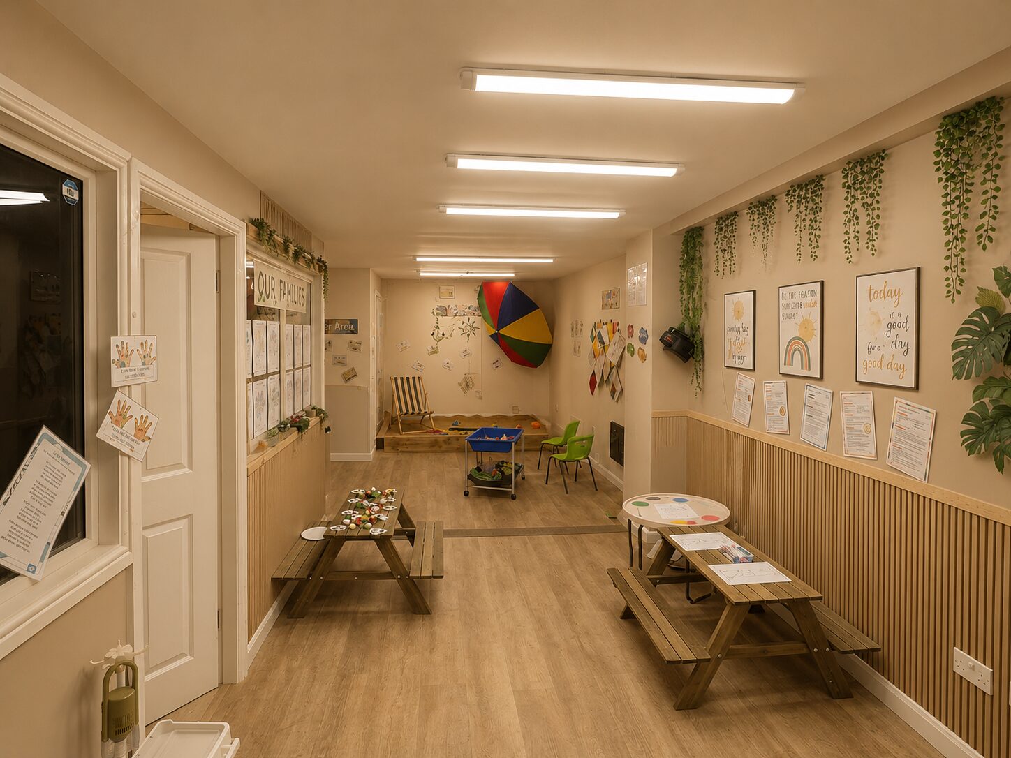 Indoor sand pit and messy room with craft benches at Underwood Lane nursery, Crewe