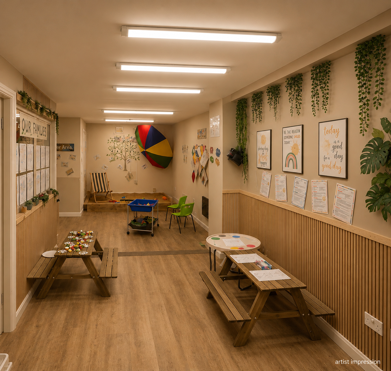 Indoor sand pit and messy room with craft benches at Underwood Lane nursery, Crewe