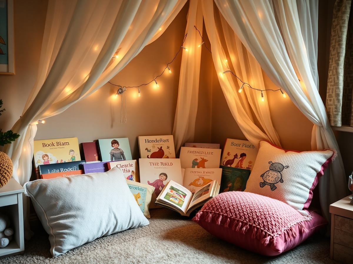 Cosy book corner with cushions and fairy lights at Smart Start nursery, Crewe