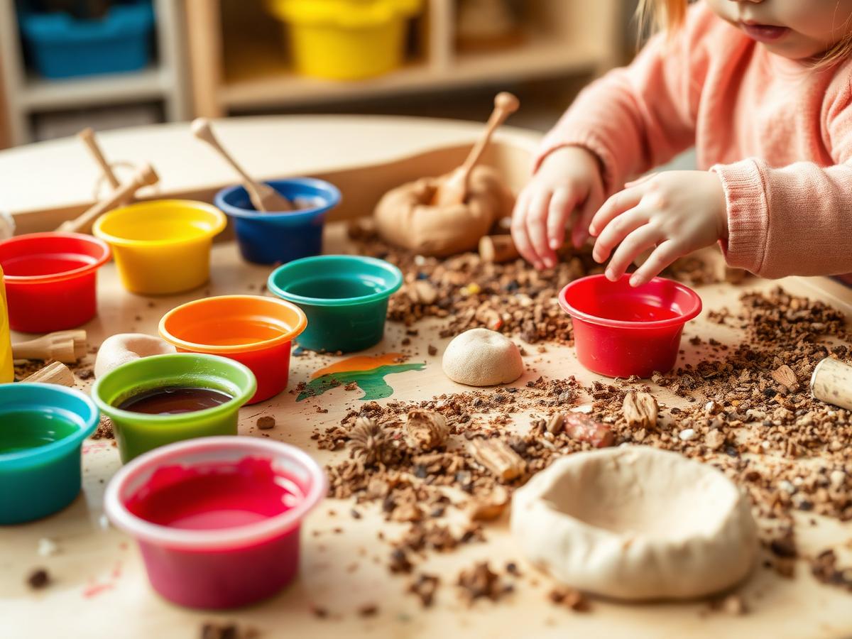 Nursery messy play table with paint pots and dough